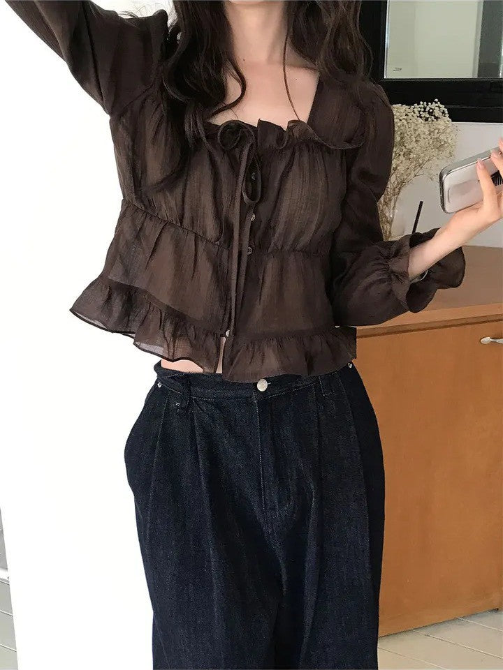 26May. 溫柔木耳邊泡泡繫帶襯衫 咖