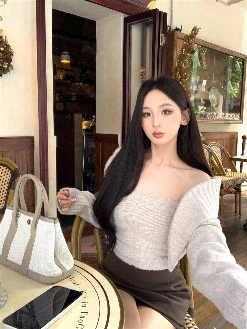 25Nov. 溫柔厚磅軟糯糯抹胸開衫2件組 咖色半身褲裙