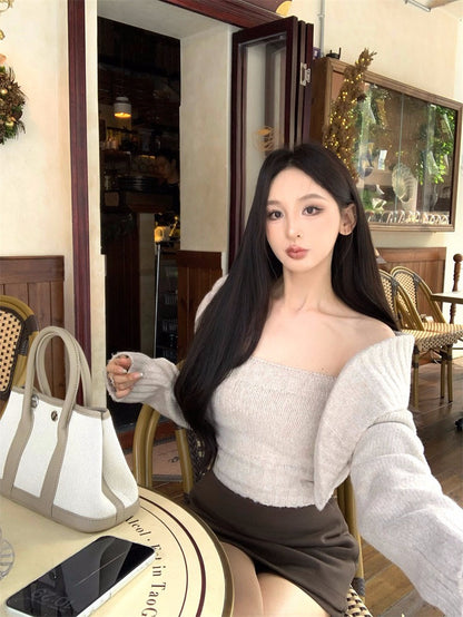 25Nov. 溫柔厚磅軟糯糯抹胸開衫2件組 咖色半身褲裙