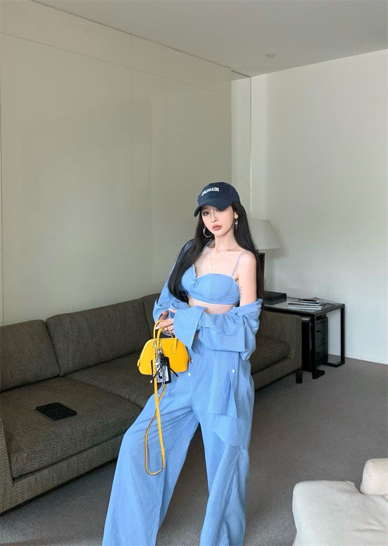 Jun. 慵懶霧透簡約條紋輕氧夏日3件套 藍