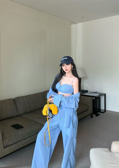 Jun. 慵懶霧透簡約條紋輕氧夏日3件套 藍