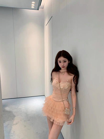 Jun. 玫瑰廢墟 氣質優雅手工花網紗蛋糕裙套裝 粉/白