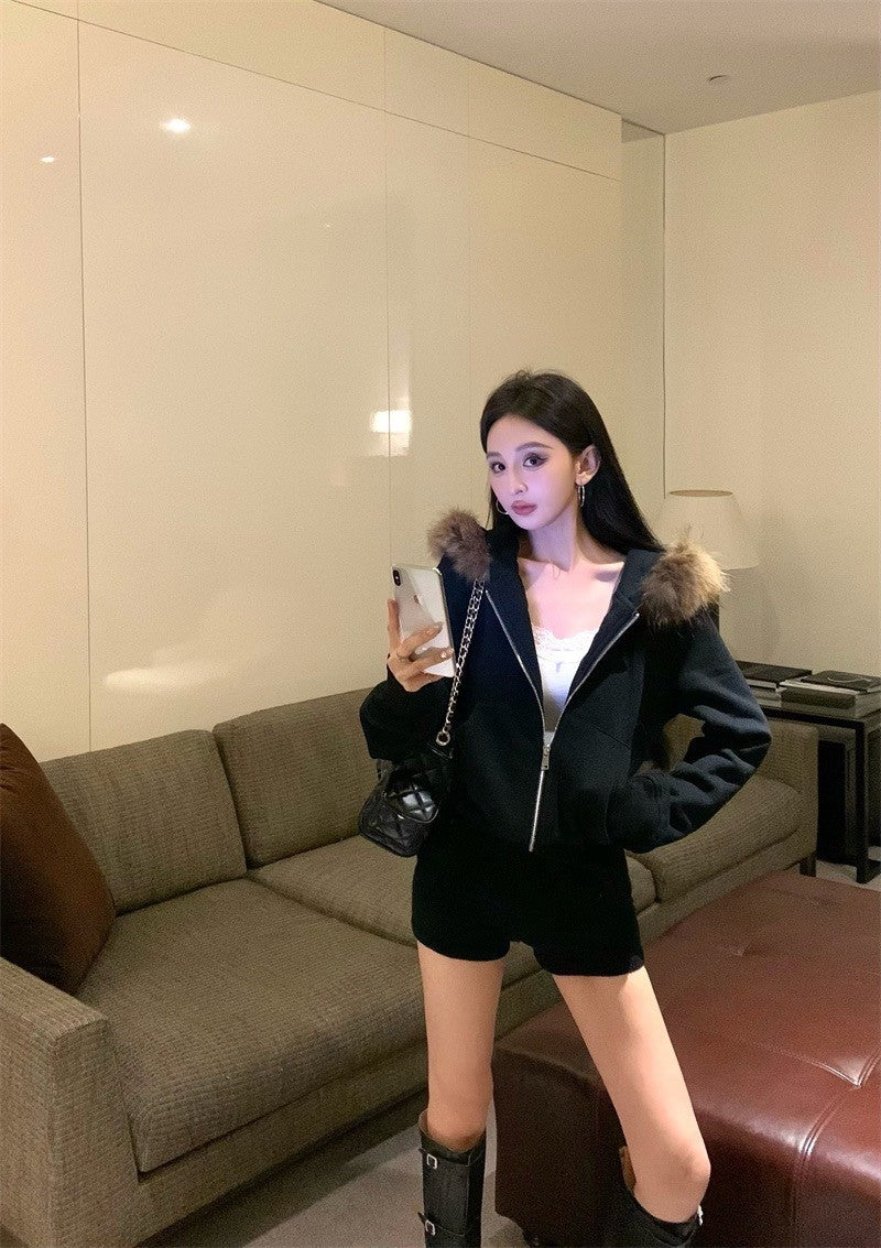 Jan. 奶貓狙擊 通勤慵懶毛毛連帽外套 黑