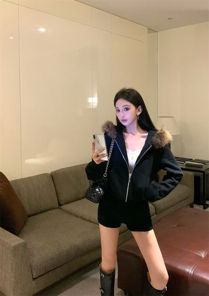 Jan. 奶貓狙擊 通勤慵懶毛毛連帽外套 黑