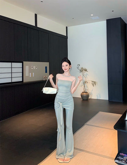 25Aug. 古典視覺網紗拼接上衣綁帶休閒褲套裝 豆沙綠