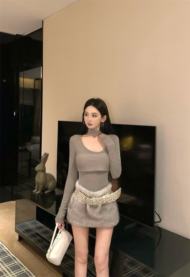 26Jan. 溫柔小蠻腰U領掛脖上衣2色皮草半身裙
