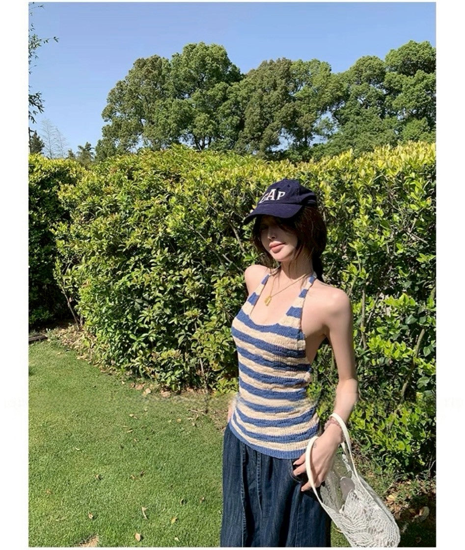 Jun. 海鹽涼風 冰沙紗線露背拼色針織背心