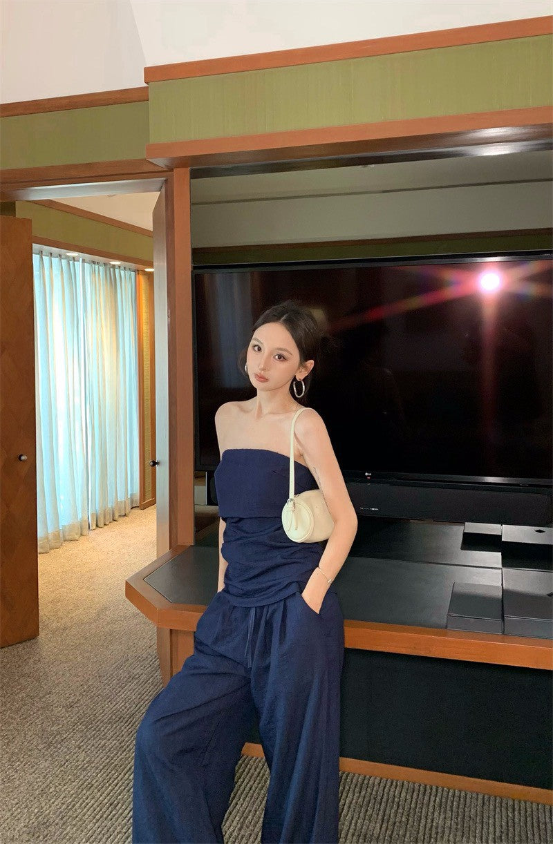 26Apr. 通勤標配 慵懶感褶皺抹胸休閒褲套裝 牛仔藍/白