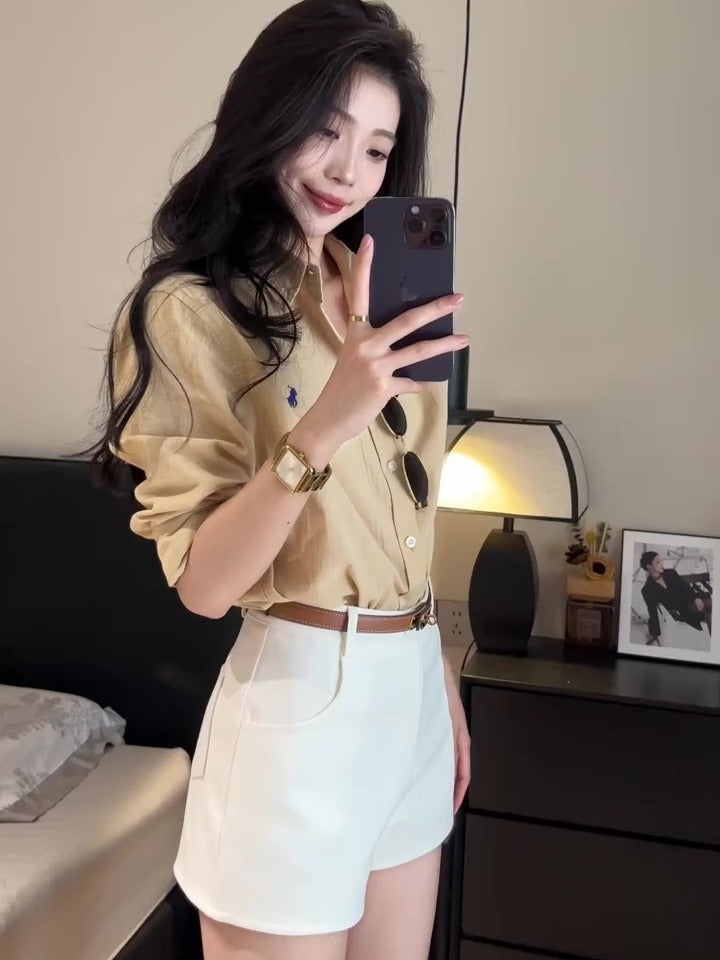 25Oct. 日常ballet 優秀版型棉麻刺繡老錢襯衫 卡其色/修身短褲 白色