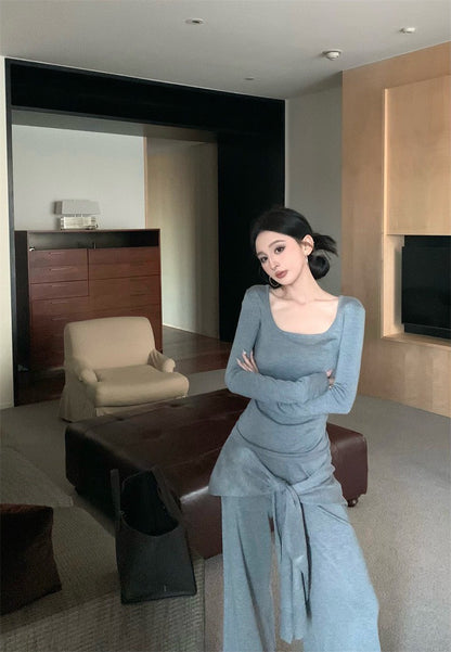 May. Lu系紙片系列 大U領上衣假兩件式綁帶休閒褲套裝 灰