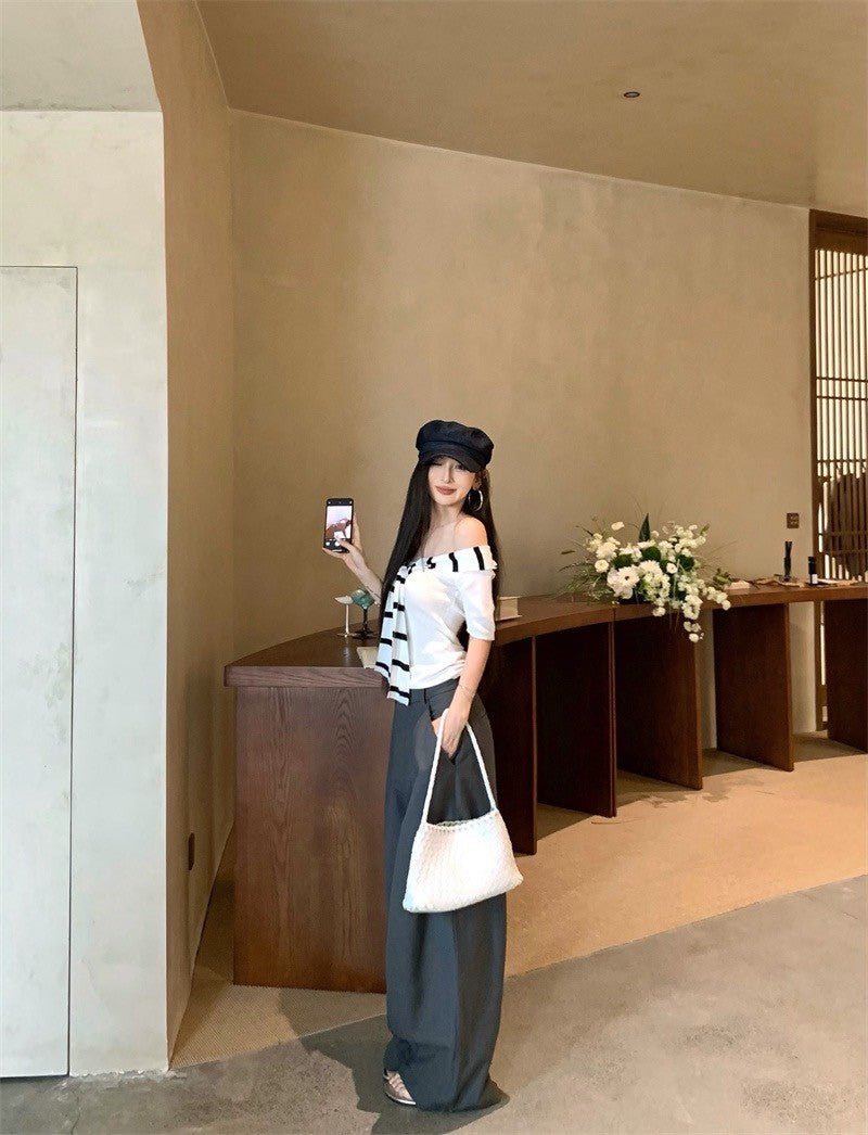 Jun. 時髦穿 針織綁帶一字領上衣 高腰灰色闊腿褲