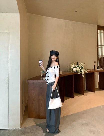 Jun. 時髦穿 針織綁帶一字領上衣 高腰灰色闊腿褲