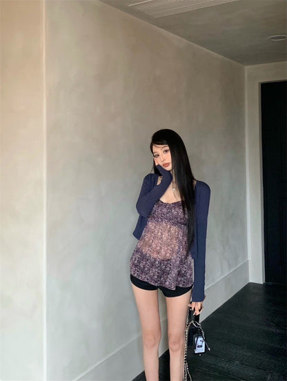 May. Za秘境花園 法式雪紡碎花背心 藍色小罩衫