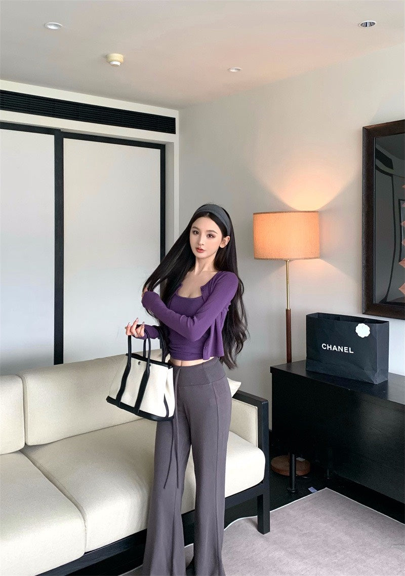 25Nov. 運動休閒搭一套上衣2件組 紫 顯瘦抽繩休閒褲 深灰