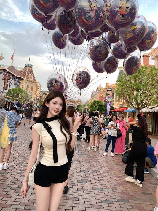 25Sep. 高雅黑白撞色飄帶針織上衣 白