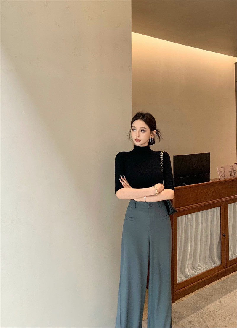 Jun. 高級知性 百搭顯瘦彈力上衣 黑 高腰闊腿褲 灰