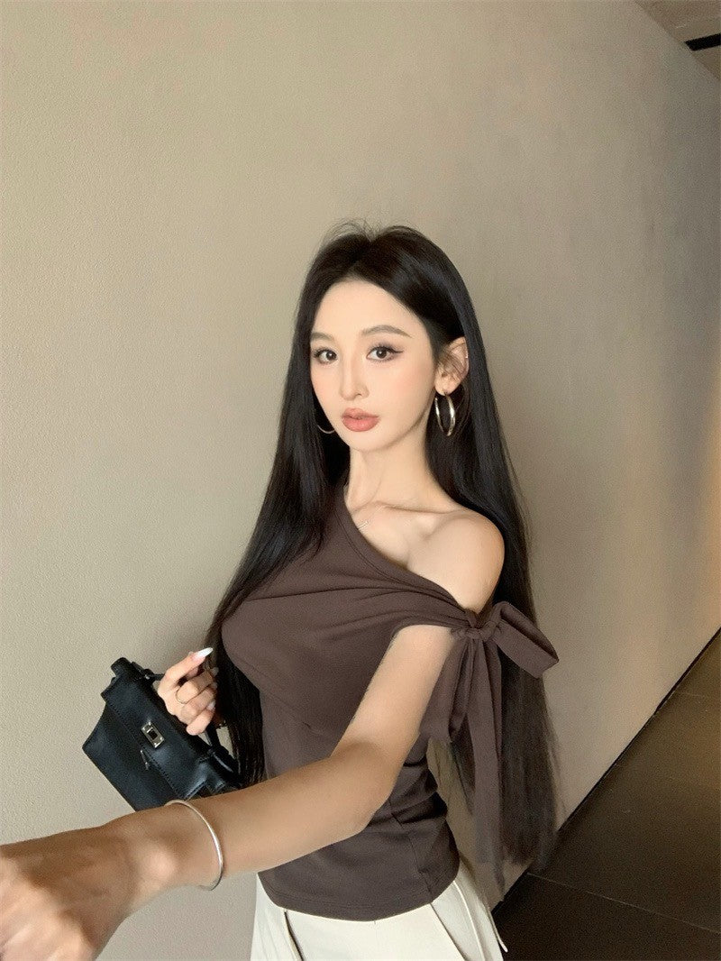 25Jul. 時髦蝴蝶結綁帶多穿式上衣 咖