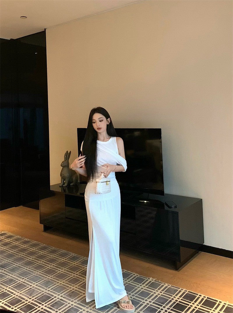 25Jul. 濟州女孩 簡約假兩件式上衣半身裙套裝 米白