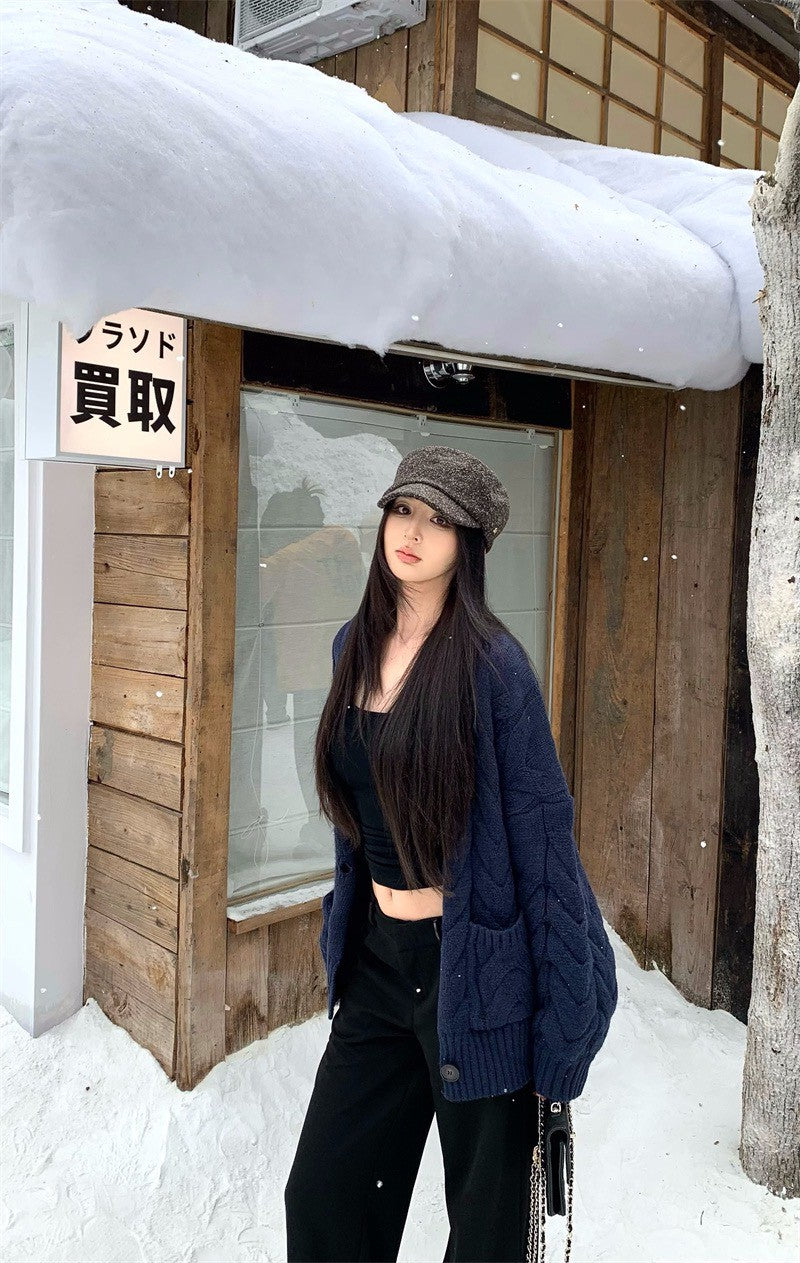 25Dec. 暗色過冬基礎U領打底衣/藏藍麻花針織開衫