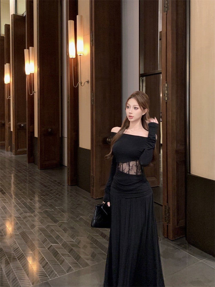 Mar. 香軟Crush 設計感一字領魚骨縷空上衣 褶皺飄逸半身裙 黑