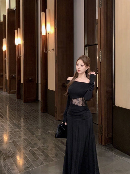 Mar. 香軟Crush 設計感一字領魚骨縷空上衣 褶皺飄逸半身裙 黑