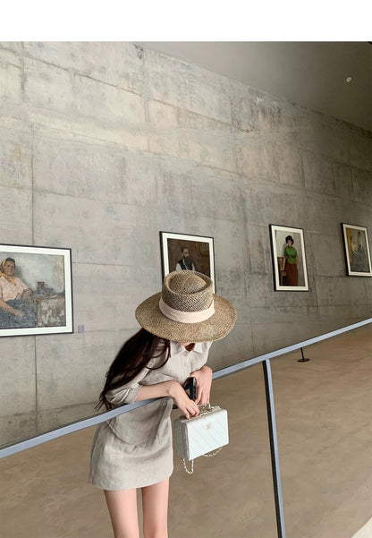 25Aug. 亞麻物語簡約七分袖襯衫低腰褲裙套裝 亞麻色