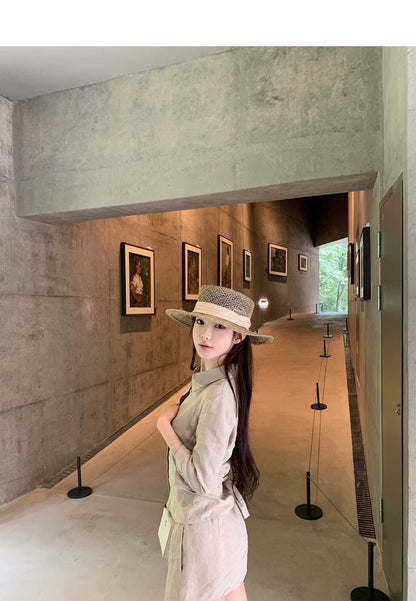 25Aug. 亞麻物語簡約七分袖襯衫低腰褲裙套裝 亞麻色