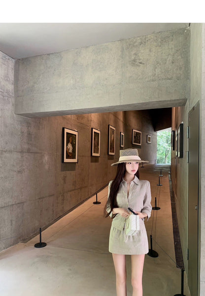 25Aug. 亞麻物語簡約七分袖襯衫低腰褲裙套裝 亞麻色