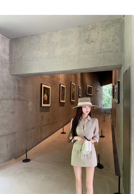 25Aug. 亞麻物語簡約七分袖襯衫低腰褲裙套裝 亞麻色