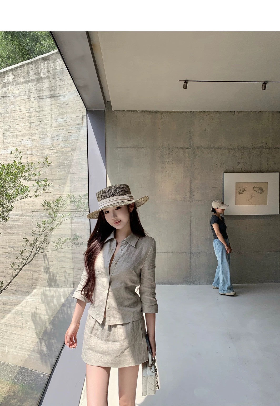 25Aug. 亞麻物語簡約七分袖襯衫低腰褲裙套裝 亞麻色