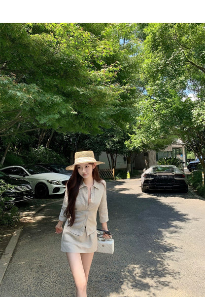 25Aug. 亞麻物語簡約七分袖襯衫低腰褲裙套裝 亞麻色