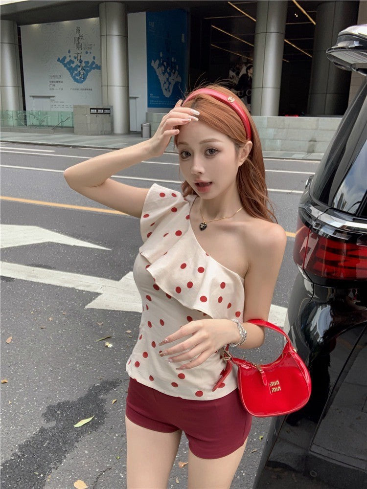 Sep. 復古波點 荷葉斜領上衣