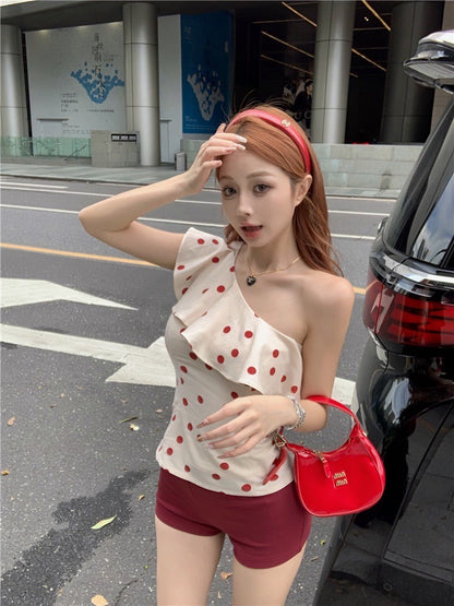 Sep. 復古波點 荷葉斜領上衣