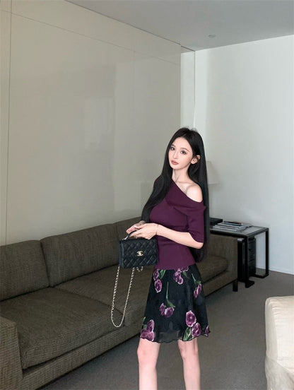 Jun. 半熟女伶 斜領修身針織上衣 紫 復古花網紗半身裙 紫