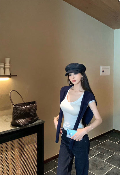 Jun. 時髦牛仔原色顯瘦喇叭褲 簡約藍色披肩