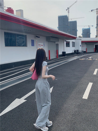 May. 清爽公式 簡約慵懶美式緊身上衣 鬆緊抽繩棉褲 灰