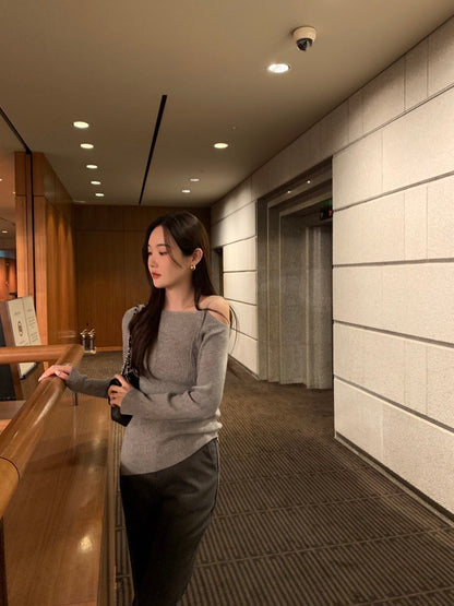 Oct. 溫婉氣質 一字調節肩不規則下擺修身針織上衣 灰