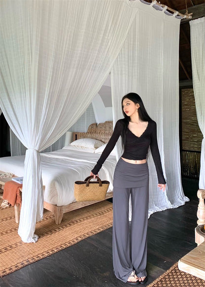 Apr. 浪漫本能 法式蕾絲V領上衣 黑/灰 舒適柔軟假兩件式休閒褲