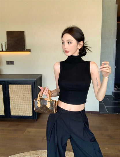 May. 個性簡約半高領純色背心 新款西裝休閒長褲 黑
