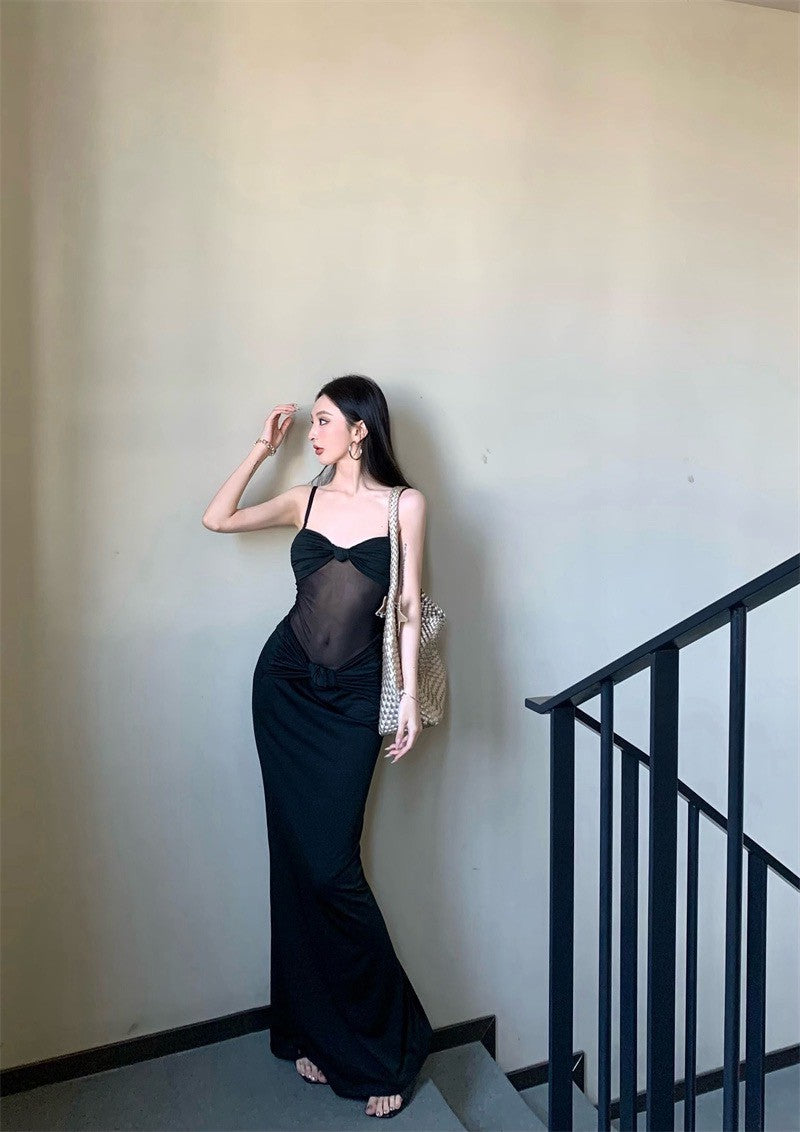 25Aug. 歐美女明星性感拼接紗吊帶連身裙 黑