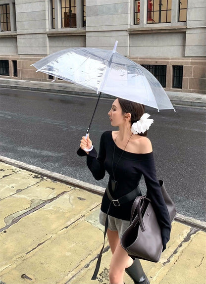 Mar. 美式墜愛 氣質修身斜領針織上衣 黑