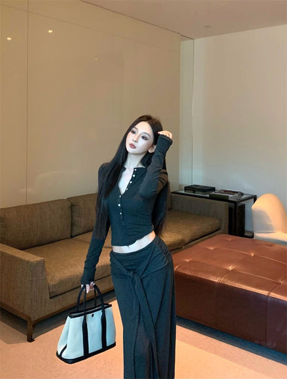 25Nov. 基礎休閒排扣上衣綁帶垂墜半身裙套裝 藍/深灰