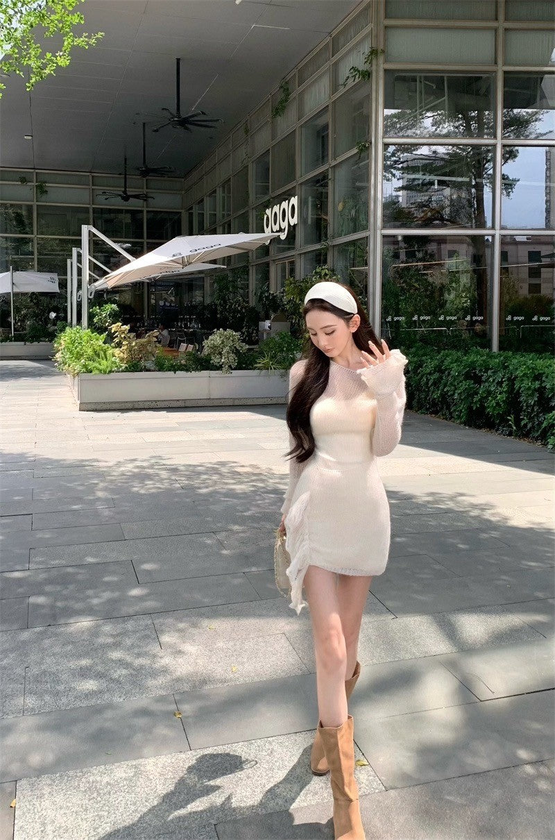 Jan. Cellos*nata裙擺玫瑰 溫柔疊穿同色系連身裙 針織外罩裙 杏色