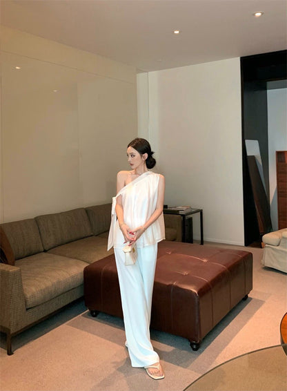 25Sep. 白天使斜肩綁帶上衣 白色休閒褲