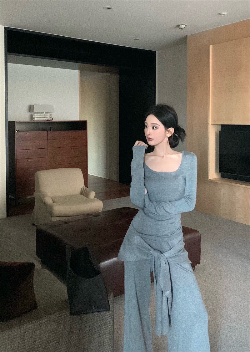 May. Lu系紙片系列 大U領上衣假兩件式綁帶休閒褲套裝 灰