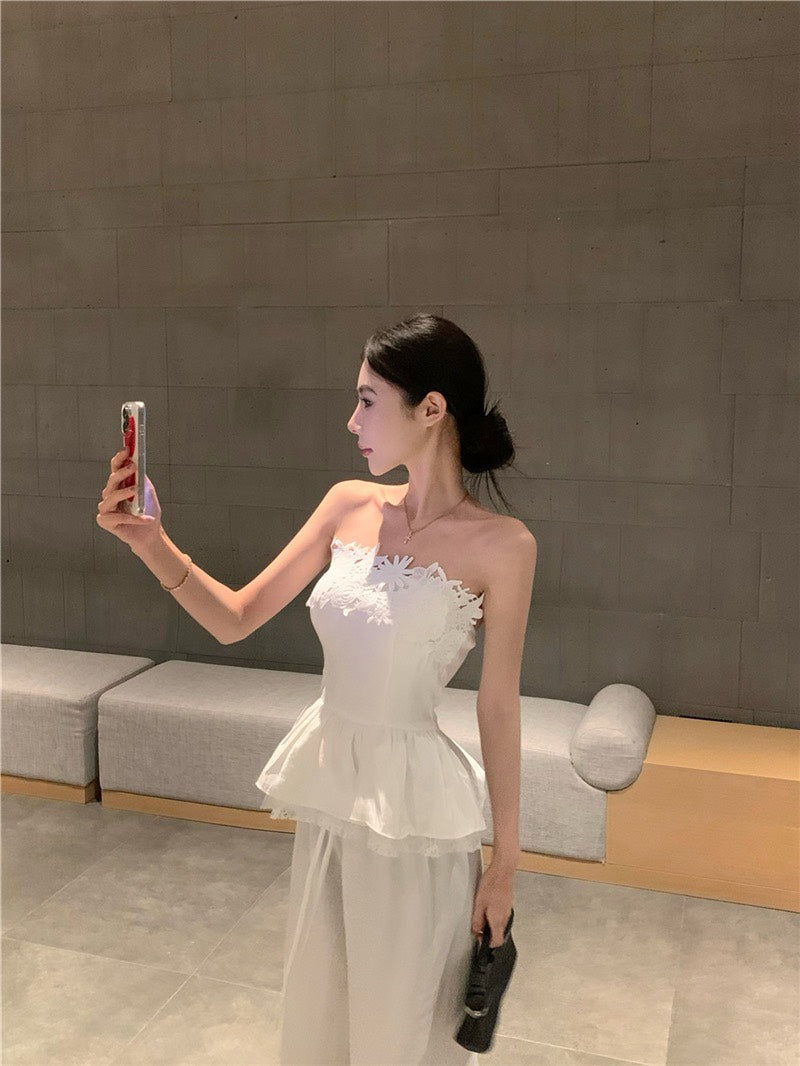 Jun. 茉莉花道韓系高雅抹胸上衣 棉麻休閒褲 白色