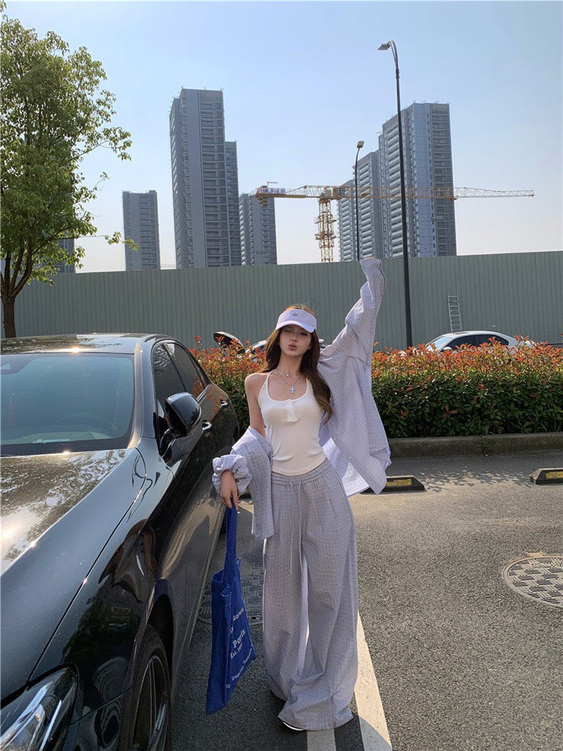 Jun. 奶藍泡芙休閒輕氧格紋襯衫 同花紋休閒褲 淺藍格紋