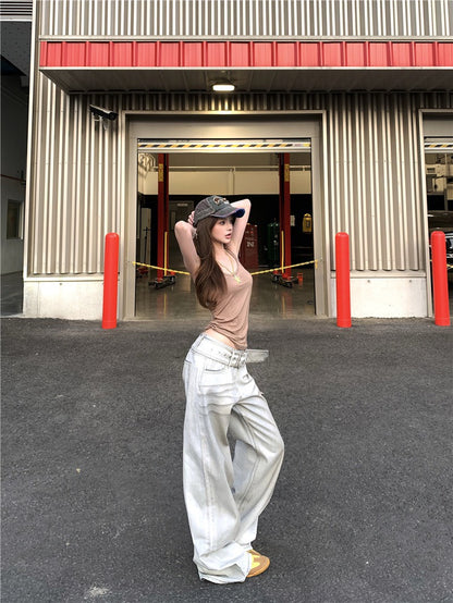 Jun. 牛仔潮 潑染貓鬚水洗淺色彎刀褲 燙鑽Ro風卡其背心