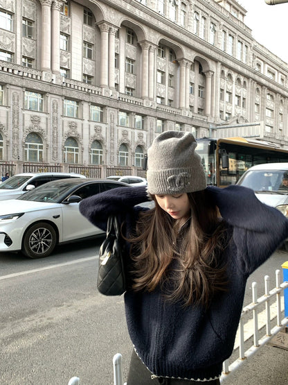 25Nov. 沉靜美式冬日大雪花片針織外套 藏藍