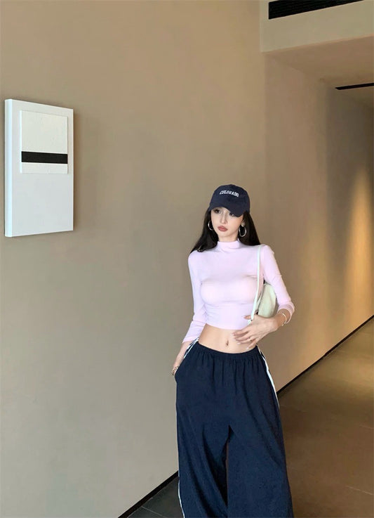 25Jul. 美式簡約百搭彈力上衣 粉/白 高腰闊腿褲